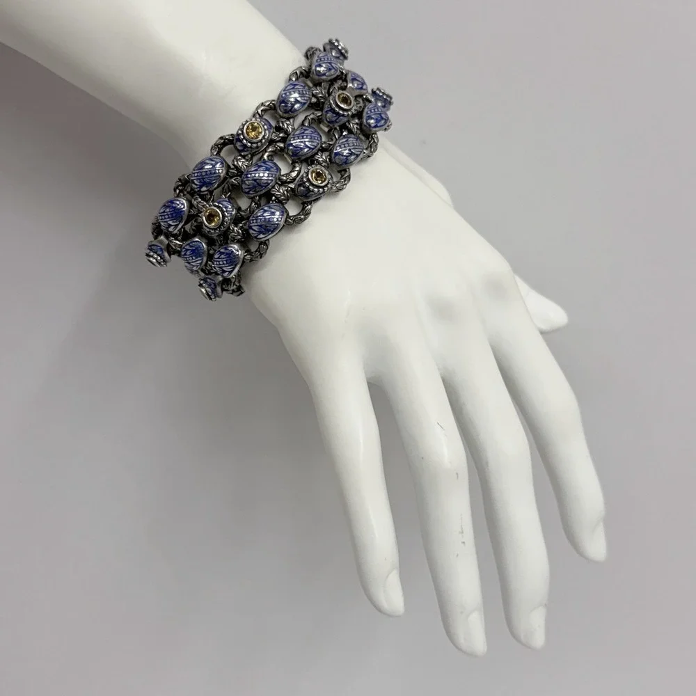 Ned Bowman Laurel Leaf Sterling Gold Blue Enamel Yellow Gemstone Bracelet 7 1/2